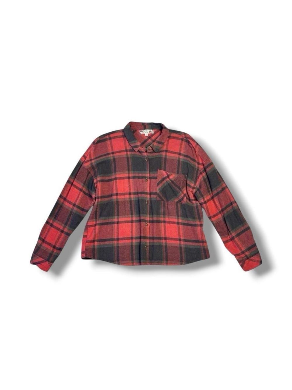Pink RoseCropped Baggy Plaid Flannel Red & Gray Button Up Long Sleeve Shirt L